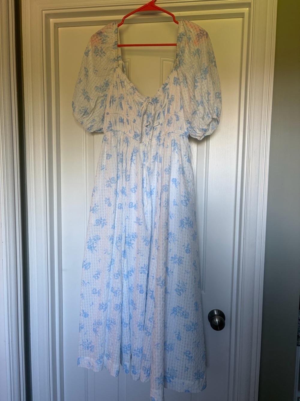 White Midi Dress with Blue Floral Print - Puff Sleeve Smocked Waist